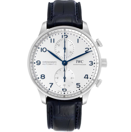 IWC Portugieser Chrono Silver Dial Blue Hands Steel Mens Watch