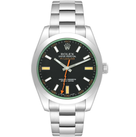 Replica Rolex Milgauss Oyster Perpetual Bracelet Black Dial Green Crystal Steel 40mm Mens Watch