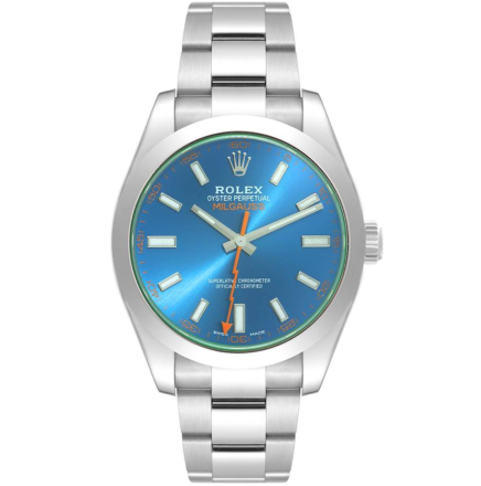 Replica Rolex Milgauss Oyster Perpetual Bracelet Blue Dial Green Crystal Steel 40mm Mens Watch