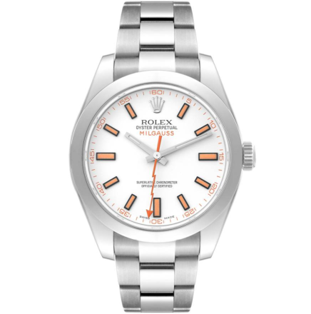 Replica Rolex Milgauss Oyster Perpetual Bracelet White Dial Orange Crystal Steel 40mm Mens Watch